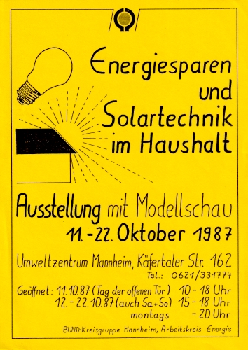 Neben der Medienarbeit wurde 1987 auch mit Handzetteln für die Energieausstellung im Umweltzentrum geworben.